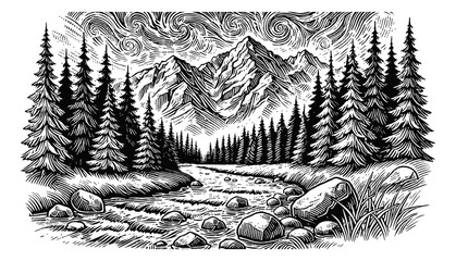 Wall Mural - mountain landscape river tree engraving black and white outline