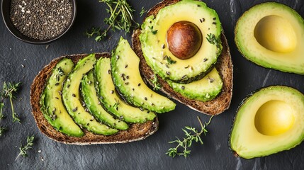 Wall Mural - Two slices of avocado toast on a wooden cutting board with a small bowl of chia seeds.