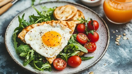 Wall Mural - A plate of salad, a fried egg, and toasted bread, served with a glass of orange juice.