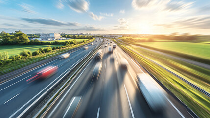 Aufkleber - High-speed vehicles on a sunset highway, creating a dynamic sense of motion