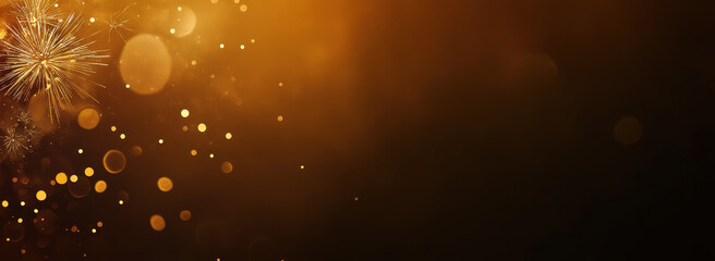 Wall Mural - golden fireworks banner with glowing bokeh lights on dark background