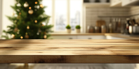 Wall Mural - wooden table surface with festive kitchen background decorated for christmas