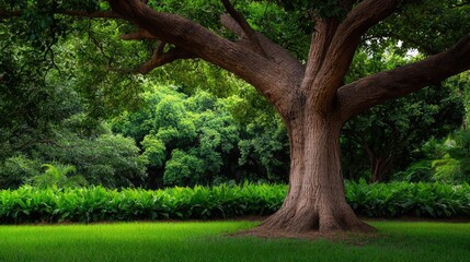 Poster - Large tree with extensive foliage in a lush green garden setting.