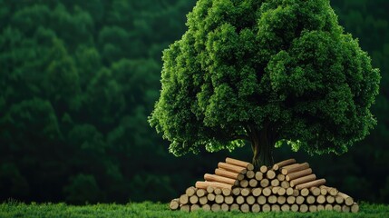 Poster - Tree with logs, green background, symbolizing nature and sustainability.