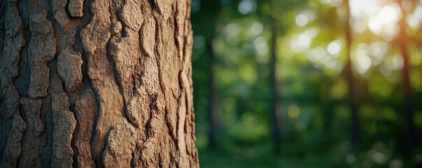 Poster - Close-up of tree bark with soft-focused greenery in the background, natural beauty.