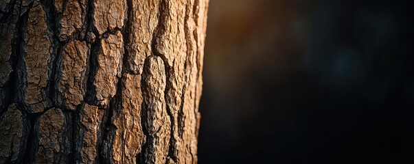 Poster - Close-up of a textured tree bark with natural light, abstract background.