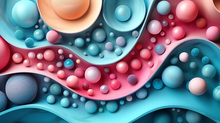 Poster - Abstract 3D rendering of colorful spheres and wavy shapes, creating a dynamic and playful visual.