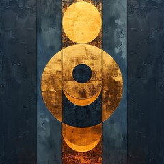 Poster - Abstract art with golden circles and black shapes on a dark background.