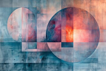 Poster - Abstract art with two overlapping circles, one white and one red, on a blue and white grid.
