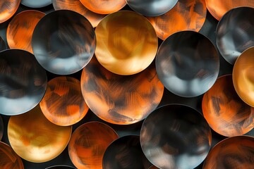 Poster - Abstract background of overlapping black, orange, and gold round shapes with a textured surface.