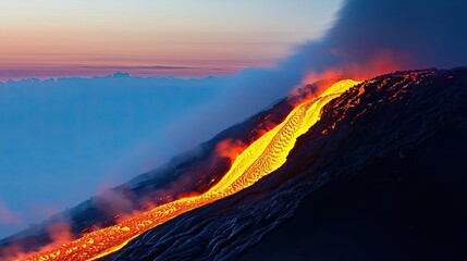 Poster - Lava flowing from a volcano at sunset, creating a stunning natural landscape.