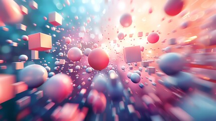 Wall Mural - abstract background with floating spheres and cubes in a blue and pink gradient.