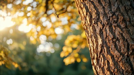 Poster - Close-up of a tree trunk with sunlight filtering through leaves.