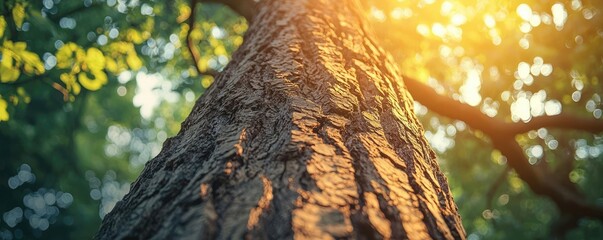 Poster - Tree trunk with sunlight filtering through green leaves in a forest setting.
