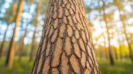 Poster - Close-up of tree bark revealing texture and details, natural forest background.