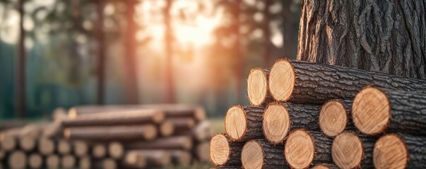 Poster - Stacked wooden logs in a forest during sunset, with warm light filtering through trees.