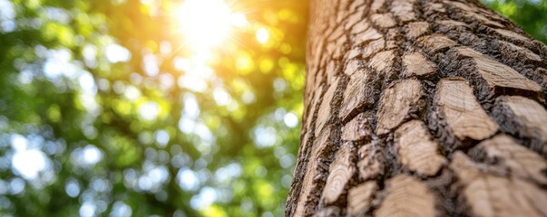 Poster - Close-up of a tree trunk with sunlight filtering through green leaves.