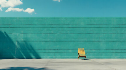 Poster - A lone yellow chair sits against a vibrant turquoise wall under a clear blue sky, creating a striking minimalist scene.