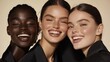 © Roman - Three Smiling Models of Diverse Skin Tones Pose Together Against a Neutral Background, Showcasing a Joyful Moment During a Beauty Campaign in a Studio Setting