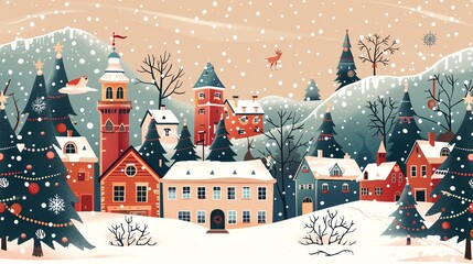 Sticker - A cartoon illustration of a snow-covered village with a tall building and decorated Christmas trees.