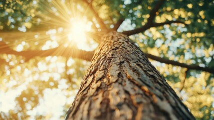 Poster - Tree trunk with sunlight filtering through lush green leaves above.