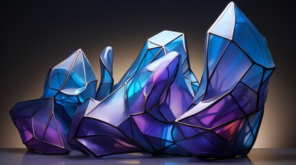 Poster - Abstract blue and purple glass sculpture with geometric shapes.
