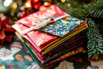 Wall Mural - A festive stack of colorful handmade greeting cards arranged on a table near a decorated Christmas tree