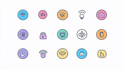 Poster - Colorful Collection of Minimalist Technology Icons Featuring Wireless, Security, Communication, Media, and Smart Device Representations for Modern Digital Applications