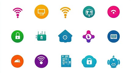 Poster - Colorful Network and Security Icons Representing Connectivity, Technology, Protection, and Data Management for Digital and Online Services in a Modern Design