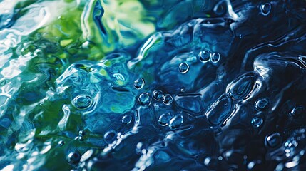 Poster - Abstract close-up of shimmering blue liquid surface with bubbles and ripples, capturing the beauty of water and its dynamic movement in nature