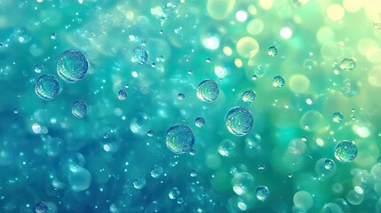 Poster - Abstract background with floating water droplets in a dreamy blue and green setting, creating a serene and calming atmosphere for various design projects.