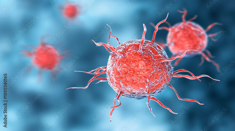 Red cancer cells with protruding structures are depicted in this ...