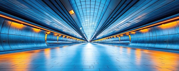 Poster - Futuristic tunnel with blue lights and smooth surface, creating a dynamic perspective.