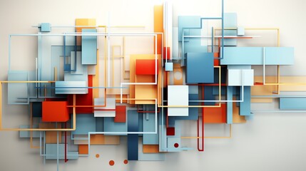Poster - Abstract geometric shapes in blue, red, orange, and white, forming a complex composition.