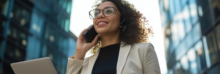 Poster - A professional and confident businesswoman is actively engaged in a stimulating conversation within a vibrant urban setting, showcasing her dedication to collaboration and communication in her career