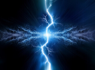 Fototapete - A bright blue lightning bolt splits a dark background, radiating energy outward.