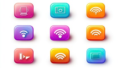 Poster - Colorful Digital Icons Set Featuring Laptop, Camera, Play Button, and WiFi Signals on Vibrant Rounded Buttons for Modern Technology Concepts