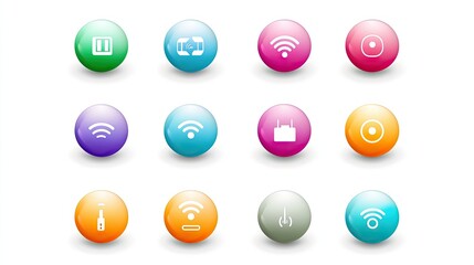 Poster - Colorful Circular Icons Set Featuring Wireless Signals, Recording Symbols, and Connection Indicators for Digital and Technological Concepts in Modern Design