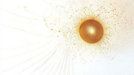 Poster - Abstract golden sphere with radiant lines and particles on a soft white background, representing energy, technology, and futuristic design concepts for visual projects