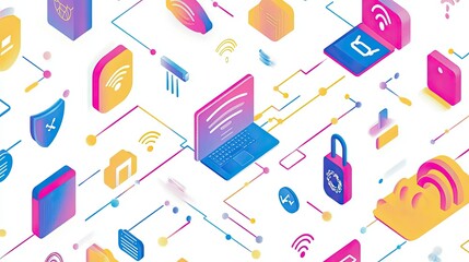 Poster - Abstract representation of digital technology concepts with colorful icons depicting cybersecurity, data processing, remote communication, and information exchange