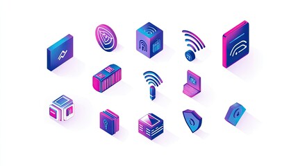 Poster - Colorful and Modern Icons Representing Technology, Security, and Connectivity in a Digital Environment with Illustrative Details and Vibrant Colors