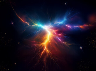 Poster - A vibrant burst of energy erupts from the center of a dark space, with streaks of blue, orange, and yellow lightning extending out.
