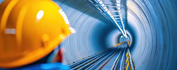 Poster - Worker in yellow helmet looking into tunnel with rails and illuminated structure.