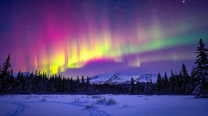 Wall Mural - northern lights above snow trees. winter landscape with mountains and forest. aurora borealis with s