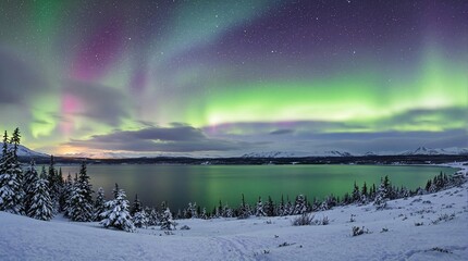 Wall Mural - northern lights above snow trees. winter landscape with mountains and forest. aurora borealis with s