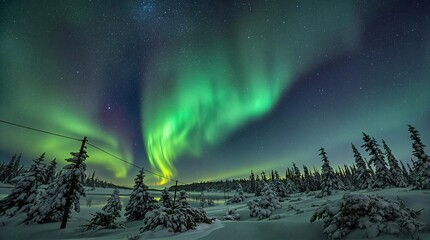Wall Mural - northern lights above snow trees. winter landscape with mountains and forest. aurora borealis with s