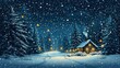 © FarhaStock - Cozy winter cabin under a starry sky, surrounded by snow-covered trees and gentle snowfall, evoking warmth and tranquility during the holiday season in nature's beauty.