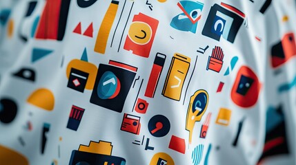 Poster - Colorful Graphic Print on Fabric Featuring Abstract Shapes, Icons, and Vibrant Designs in a Playful and Creative Composition for Textile Applications