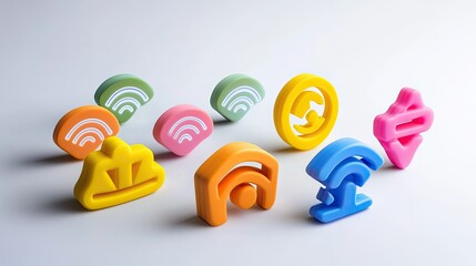 Poster - Colorful and Playful Communication Icon Set Featuring Vibrant Symbols of Notifications and Connectivity on a Clean Surface Background