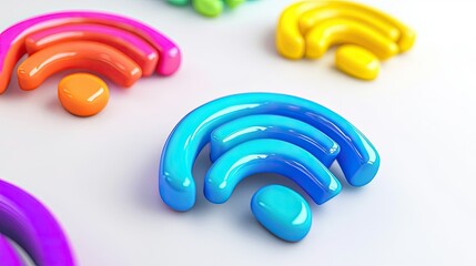 Poster - Colorful Wireless Technology Concept Featuring Vibrant Glossy Wi-Fi Symbols in Various Sizes and Shapes Representing Connectivity and Communication